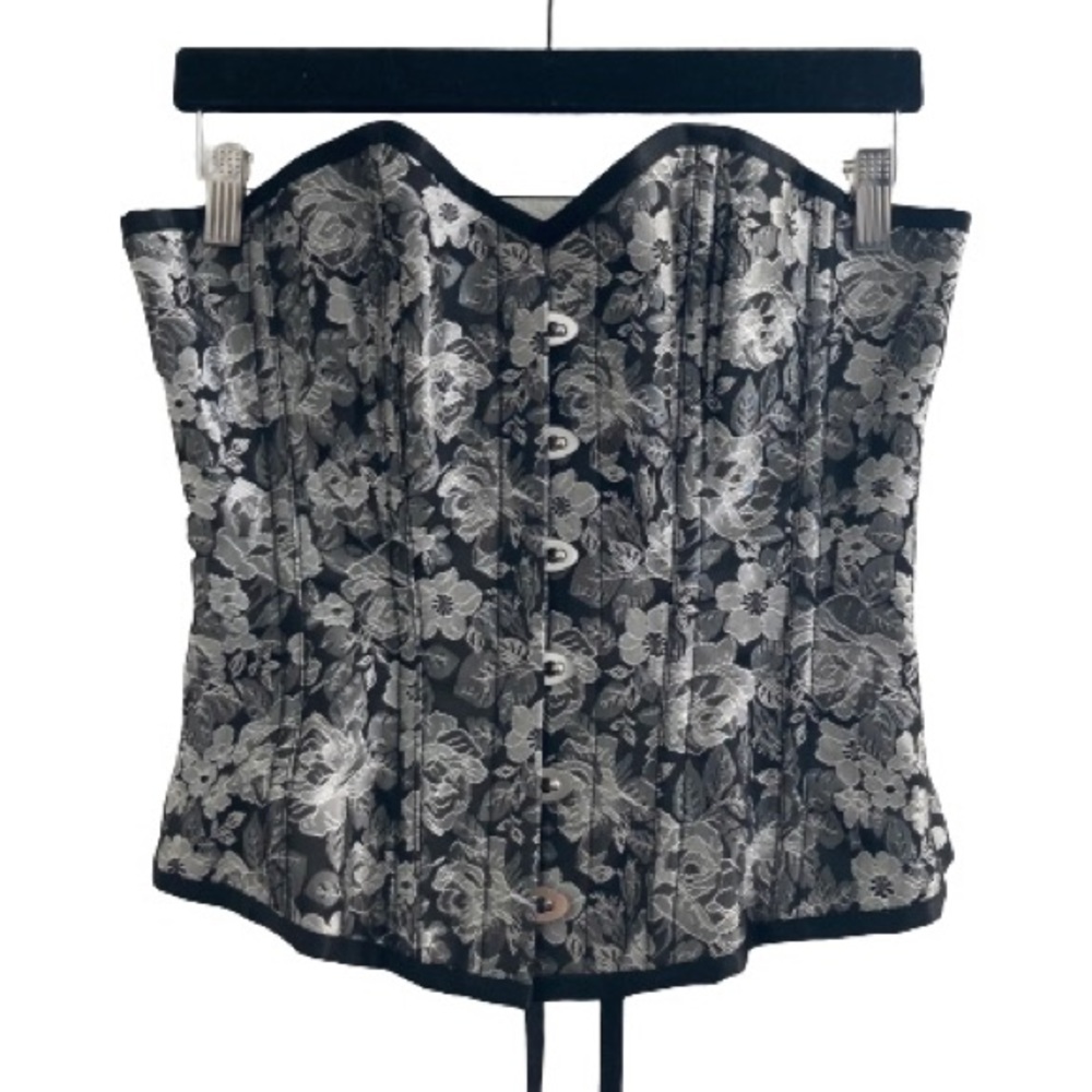 Romance by Eurotique Black and Silver Floral Lace Up Corset Top Goth Gothic